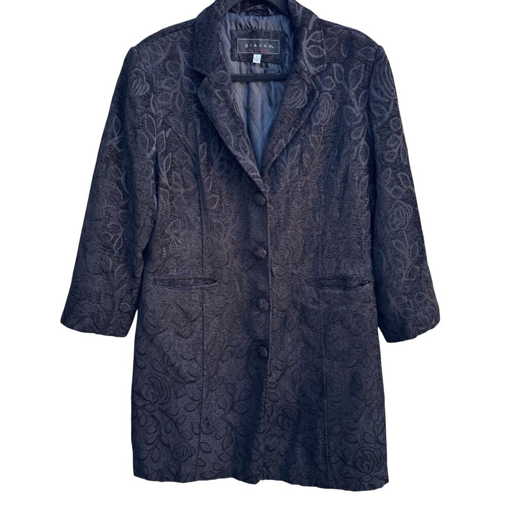 Giacca Womens Black Brocade Floral Tapestry Long Coat Jacket‎ L Elegant Regency